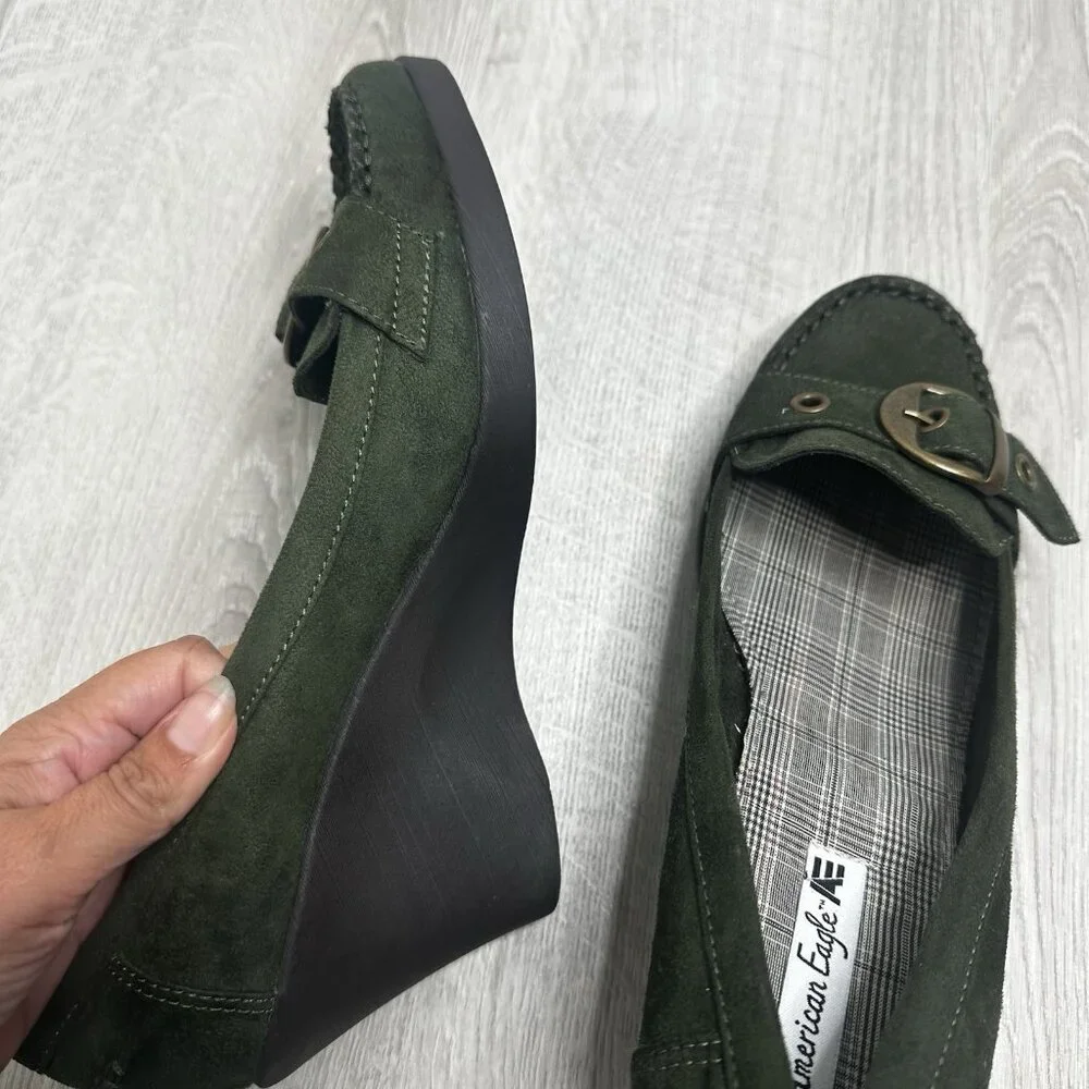 American Eagle Outfitters Olive Green Suede Wedge Loafers with Brass Buckle